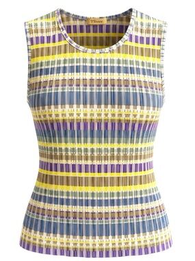 Vintage Plisse Pleated Sleeveless Multicolor Stripe Tank Top Crepe Feel Womens M